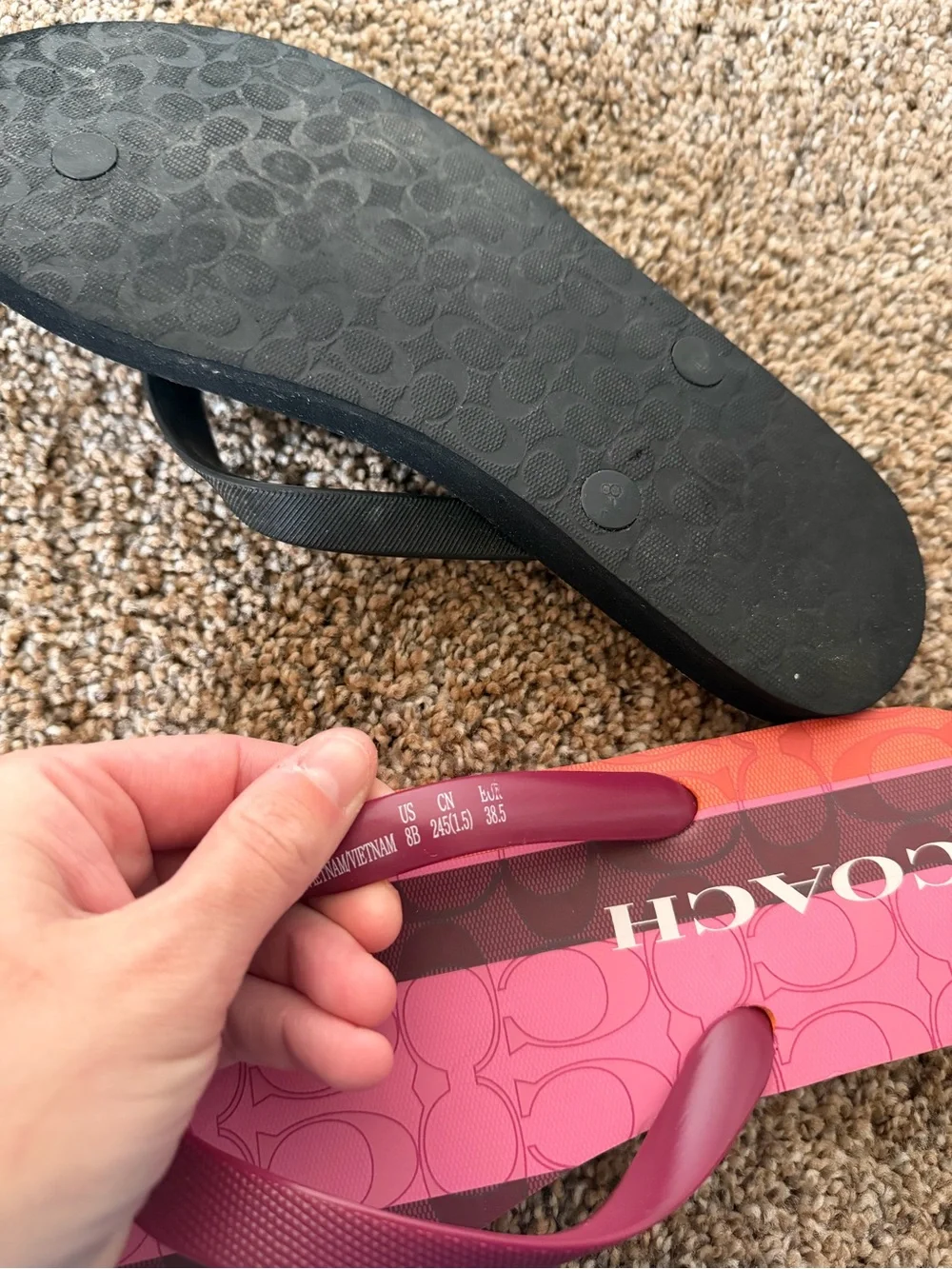 COACH Womens Signature Monogram Flip Flops Black White Gold Hardware